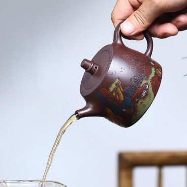 Full Handmade Yixing Zisha Shanshui Color Painted Teapot [Xiao Han Duo] (Lao Zi Ni – 225ml)