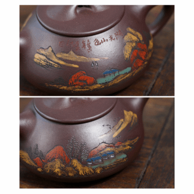 Full Handmade Yixing Zisha Shanshui Color Painted Teapot [Xiaoman Piao] (Lao Zi Ni – 250ml)