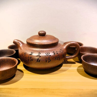 Full Handmade Yixing Zisha Teapot [Fanggu Pot] Full Set (Longgu Jin Sha – 480ml)