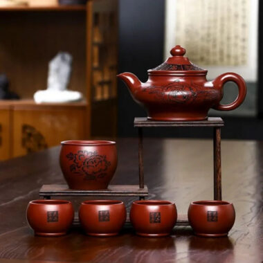 Full Handmade Yixing Zisha Teapot [Hua Kai Fugui] 1 Pot 5 Cups Set (Long Xue Sha – 380ml)