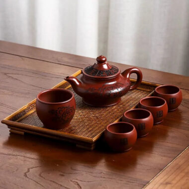 Full Handmade Yixing Zisha Teapot [Hua Kai Fugui] 1 Pot 5 Cups Set (Long Xue Sha – 380ml)