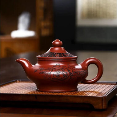 Full Handmade Yixing Zisha Teapot [Hua Kai Fugui] 1 Pot 5 Cups Set (Long Xue Sha – 380ml)