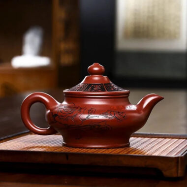 Full Handmade Yixing Zisha Teapot [Hua Kai Fugui] 1 Pot 5 Cups Set (Long Xue Sha – 380ml)
