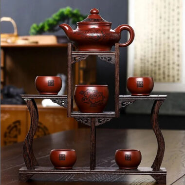 Full Handmade Yixing Zisha Teapot [Hua Kai Fugui] 1 Pot 5 Cups Set (Long Xue Sha – 380ml)