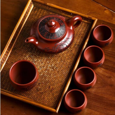 Full Handmade Yixing Zisha Teapot [Hua Kai Fugui] 1 Pot 5 Cups Set (Long Xue Sha – 380ml)