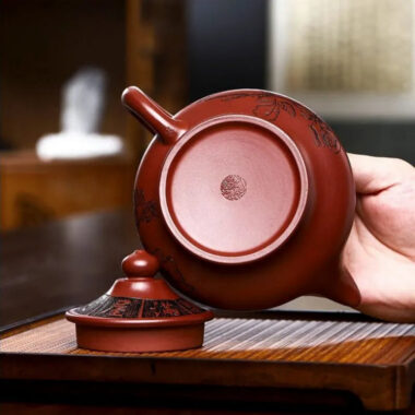 Full Handmade Yixing Zisha Teapot [Hua Kai Fugui] 1 Pot 5 Cups Set (Long Xue Sha – 380ml)