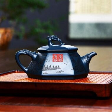 Full Handmade Yixing Zisha Teapot [Huna Baifu] 1 Pot 5 Cups Set (Tian Qing Ni – 320ml)