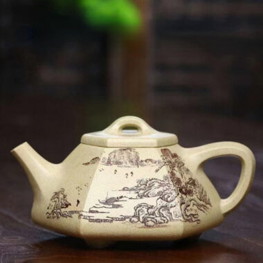 Full Handmade Yixing Zisha Teapot [Liufang Ziye Shi Piao Pot] (Bensan Lu Ni – 300ml)