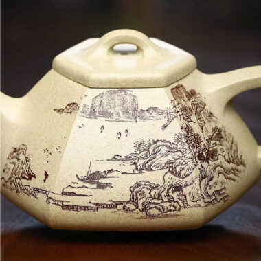Full Handmade Yixing Zisha Teapot [Liufang Ziye Shi Piao Pot] (Bensan Lu Ni – 300ml)