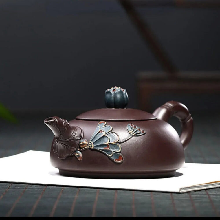 Full Handmade Yixing Zisha Teapot [Lotus Half Moon Pot] Embossed Art (Lao Zi Ni – 360ml)