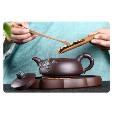 Full Handmade Yixing Zisha Teapot [Lotus Half Moon Pot] Embossed Art (Lao Zi Ni – 360ml)