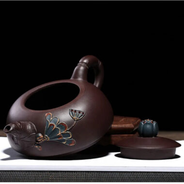 Full Handmade Yixing Zisha Teapot [Lotus Half Moon Pot] Embossed Art (Lao Zi Ni – 360ml)
