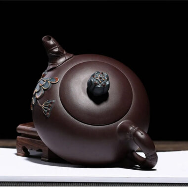 Full Handmade Yixing Zisha Teapot [Lotus Half Moon Pot] Embossed Art (Lao Zi Ni – 360ml)
