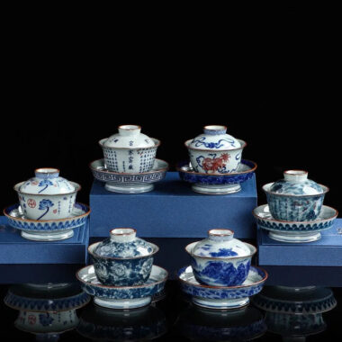 Handmade Aged Ceramic Clay [Qinghua] Sancai Gaiwan 210ml