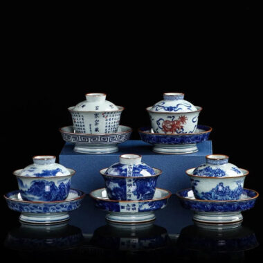 Handmade Aged Ceramic Clay [Qinghua] Sancai Gaiwan 210ml