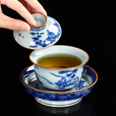 Handmade Aged Ceramic Clay [Qinghua] Sancai Gaiwan 210ml