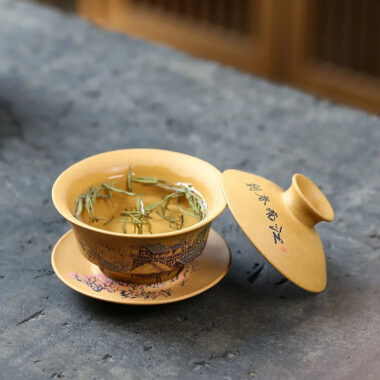 Handmade Yixing Zisha Gaiwan [Spring of Jiangnan] (Huangjin Duan Ni – 150ml)