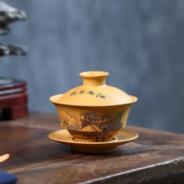 Handmade Yixing Zisha Gaiwan [Spring of Jiangnan] (Huangjin Duan Ni – 150ml)