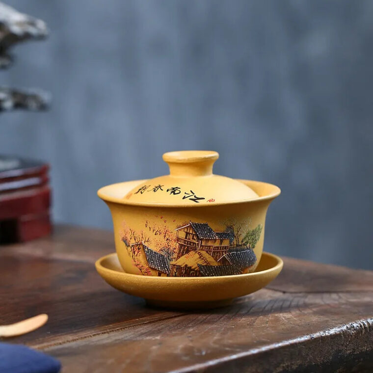 Handmade Yixing Zisha Gaiwan [Spring of Jiangnan] (Huangjin Duan Ni – 150ml)