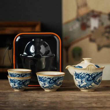 Jindezhen Gu Ru Ice Crackle Ceramic Travel Tea Set [Qinghua Dragon]