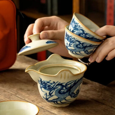 Jindezhen Gu Ru Ice Crackle Ceramic Travel Tea Set [Qinghua Dragon]