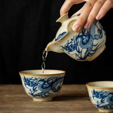 Jindezhen Gu Ru Ice Crackle Ceramic Travel Tea Set [Qinghua Dragon]