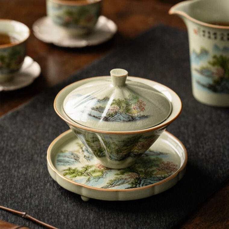 Jindezhen Ice Crackle Sancai Gaiwan [Zhi Ci Qinglu Series – Straw Hat] 130ml