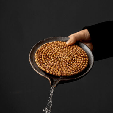 Retro Burn Coarse Pottery Storage Tea Tray | Pot Stand (with Rattan Mat)