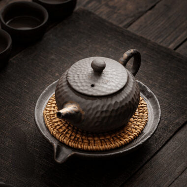 Retro Burn Coarse Pottery Storage Tea Tray | Pot Stand (with Rattan Mat)