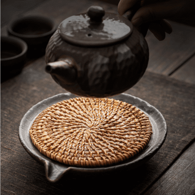 Retro Burn Coarse Pottery Storage Tea Tray | Pot Stand (with Rattan Mat)