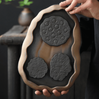 Retro Gilded Ceramic Storage Tea Tray | Pot Stand [Lotus Seedpod]