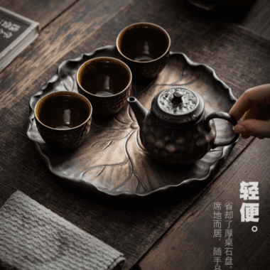 Retro Gilded Ceramic [Lotus Leaf] Tea Tray | Pot Stand