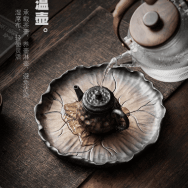 Retro Gilded Ceramic [Lotus Leaf] Tea Tray | Pot Stand