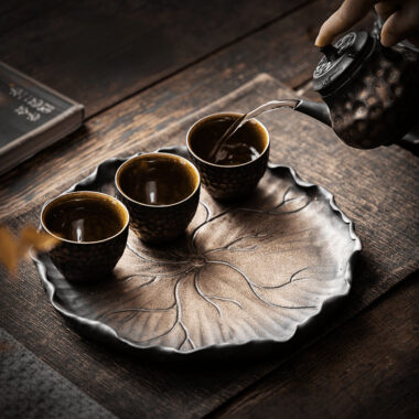 Retro Gilded Ceramic [Lotus Leaf] Tea Tray | Pot Stand