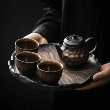 Retro Gilded Ceramic [Lotus Leaf] Tea Tray | Pot Stand