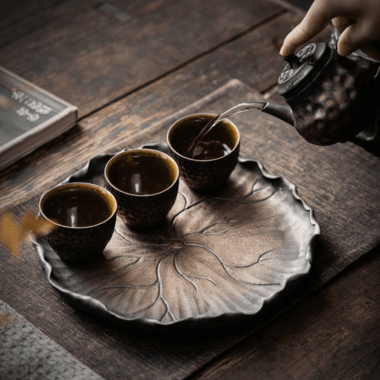 Retro Gilded Ceramic [Lotus Leaf] Tea Tray | Pot Stand