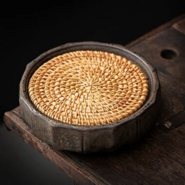 Retro Gilded Round Storage Ceramic Tea Tray | Pot Stand (with Rattan Mat)