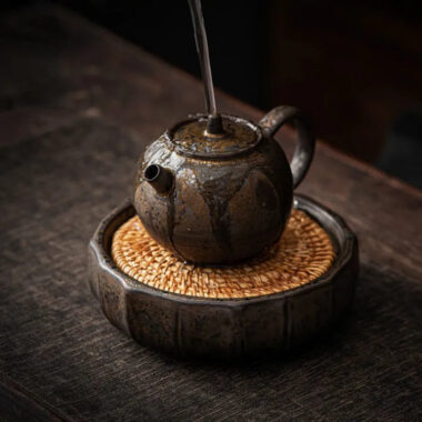 Retro Gilded Round Storage Ceramic Tea Tray | Pot Stand (with Rattan Mat)