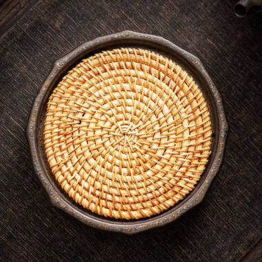 Retro Gilded Round Storage Ceramic Tea Tray | Pot Stand (with Rattan Mat)