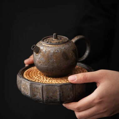 Retro Gilded Round Storage Ceramic Tea Tray | Pot Stand (with Rattan Mat)