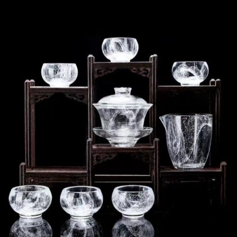 Snowflake Crystal Glass Tea Cup / Fair Cup / Gaiwan / Full Set