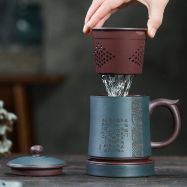 Yixing Zisha Tea Mug with Filter [Five Blessings] (Lu Ni / Zi Ni – 460ml)