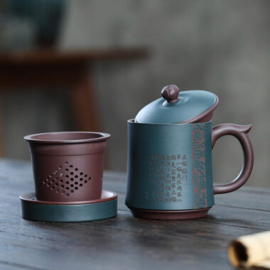 Yixing Zisha Tea Mug with Filter [Five Blessings] (Lu Ni / Zi Ni – 460ml)