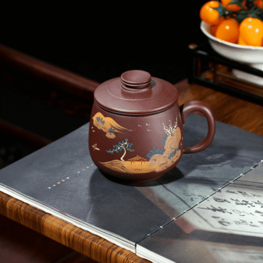 Yixing Zisha Tea Mug with Filter [Shanshui] (Zi Ni – 470ml)