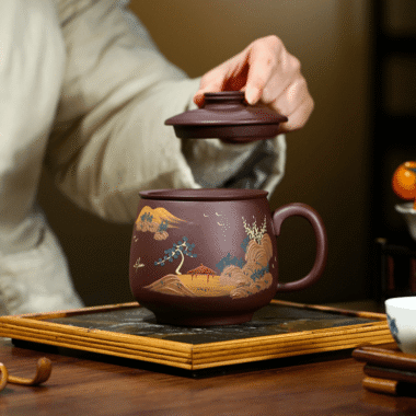 Yixing Zisha Tea Mug with Filter [Shanshui] (Zi Ni – 470ml)