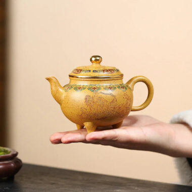 Yixing Zisha Teapot [Dabin Ruyi] Golden Enamel (Duan Ni Firewood Fired – 250ml)