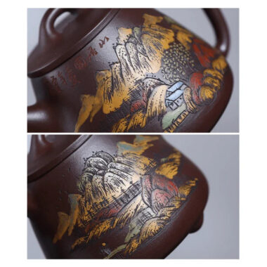 Full Handmade Yixing Zisha Shanshui Color Painted Teapot [Gao Shi Piao] (Lao Zi Ni – 290ml)