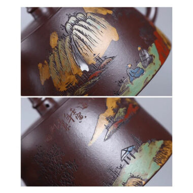 Full Handmade Yixing Zisha Shanshui Color Painted Teapot [Han Duo] (Lao Zi Ni – 310ml)