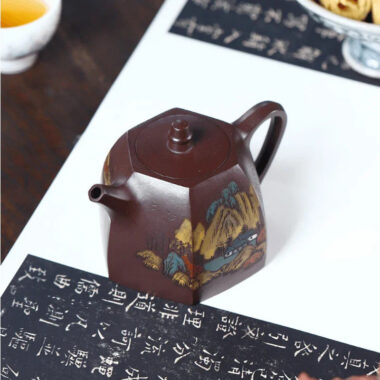 Full Handmade Yixing Zisha Shanshui Color Painted Teapot [Liufang Han Duo] (Lao Zi Ni – 290ml)