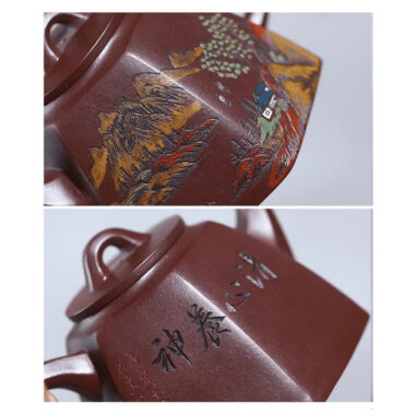 Full Handmade Yixing Zisha Shanshui Color Painted Teapot [Liufang Qin Quan] (Lao Zi Ni – 290ml)